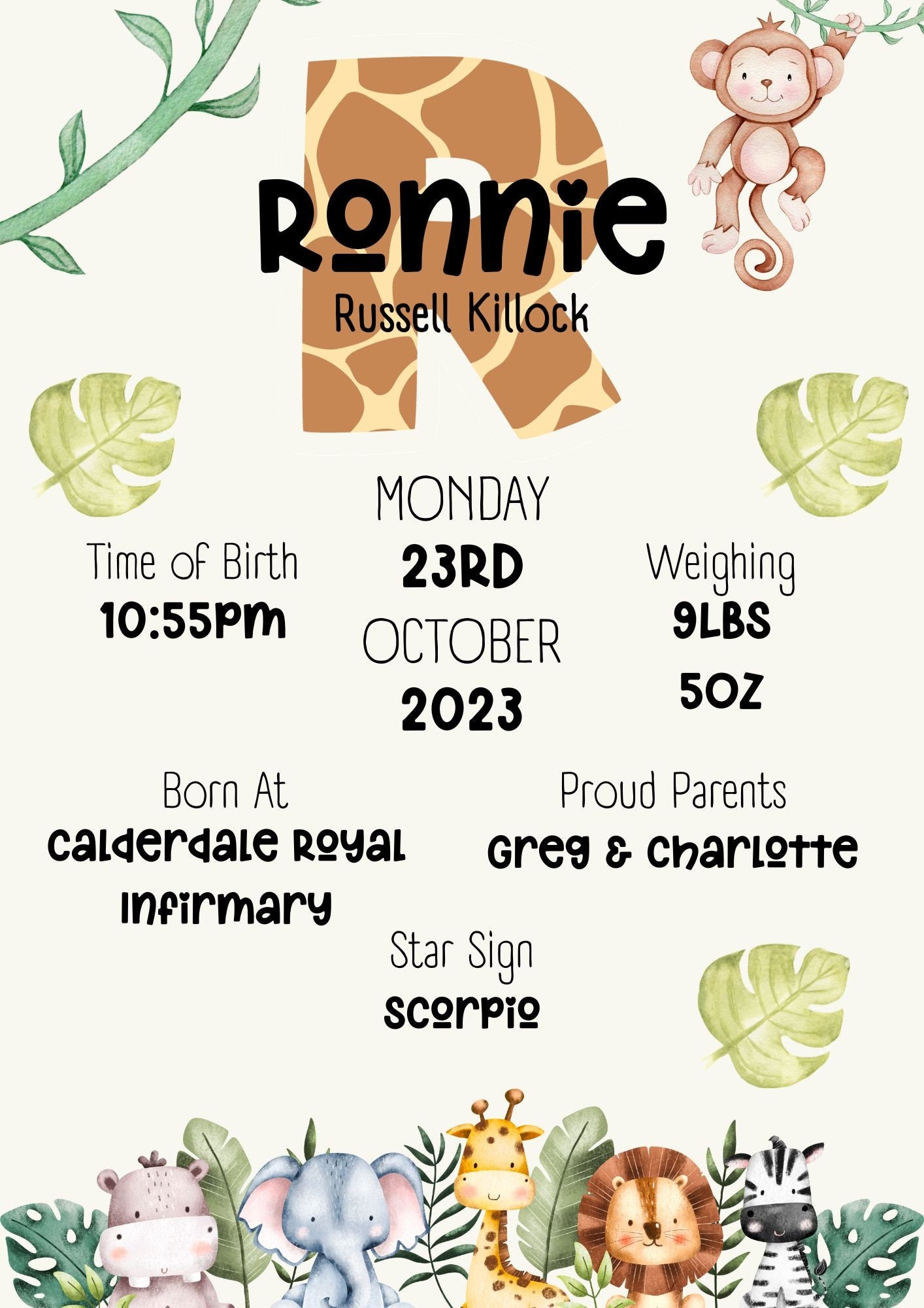 Safari Birth Announcement Print: Personalized Nursery Decor