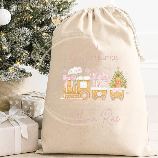 Personalised 1st Christmas Train Design Sack