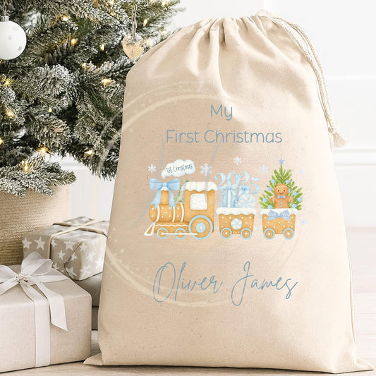 Personalised 1st Christmas Train Design Sack