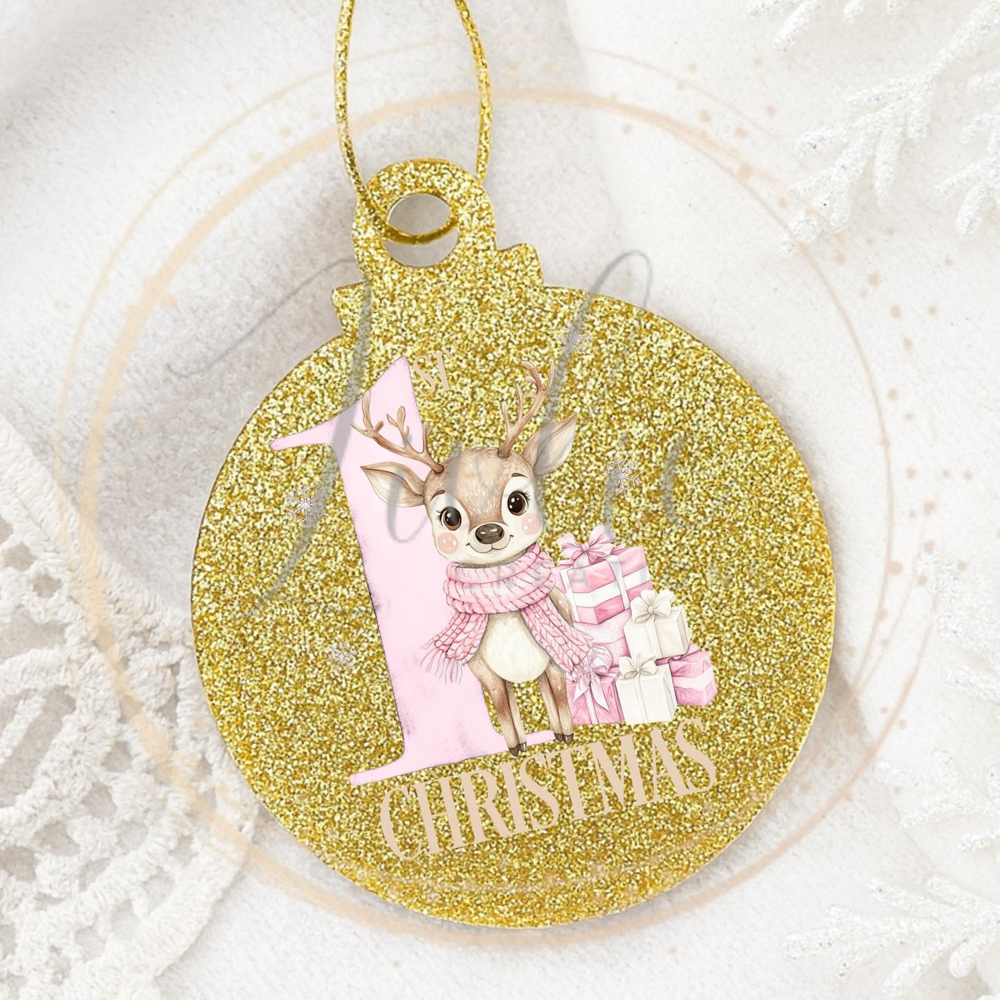 Baby's First Christmas Pink Reindeer Bauble