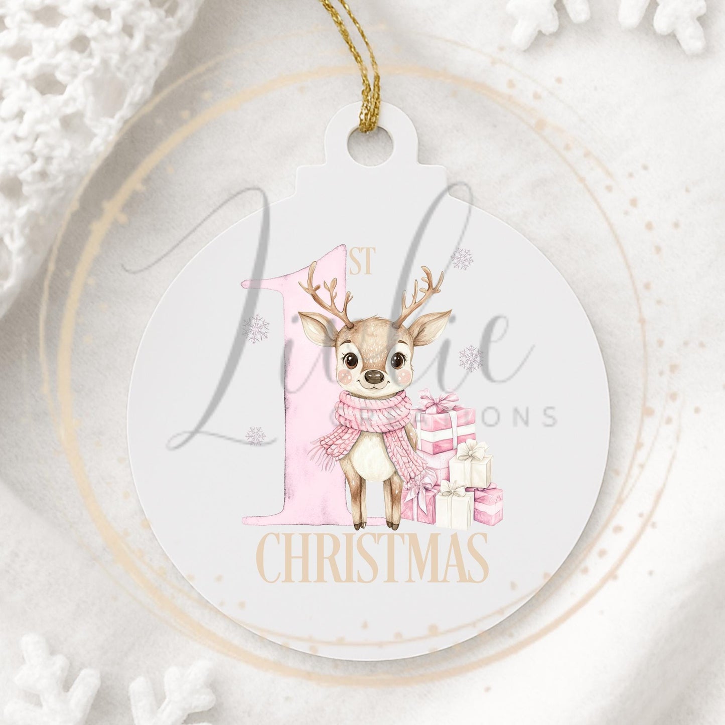 Baby's First Christmas Pink Reindeer Bauble