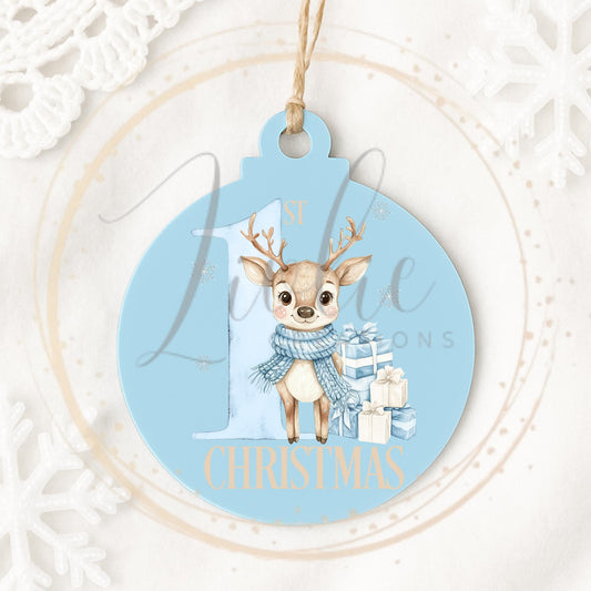 Baby's First Christmas Blue Reindeer Bauble