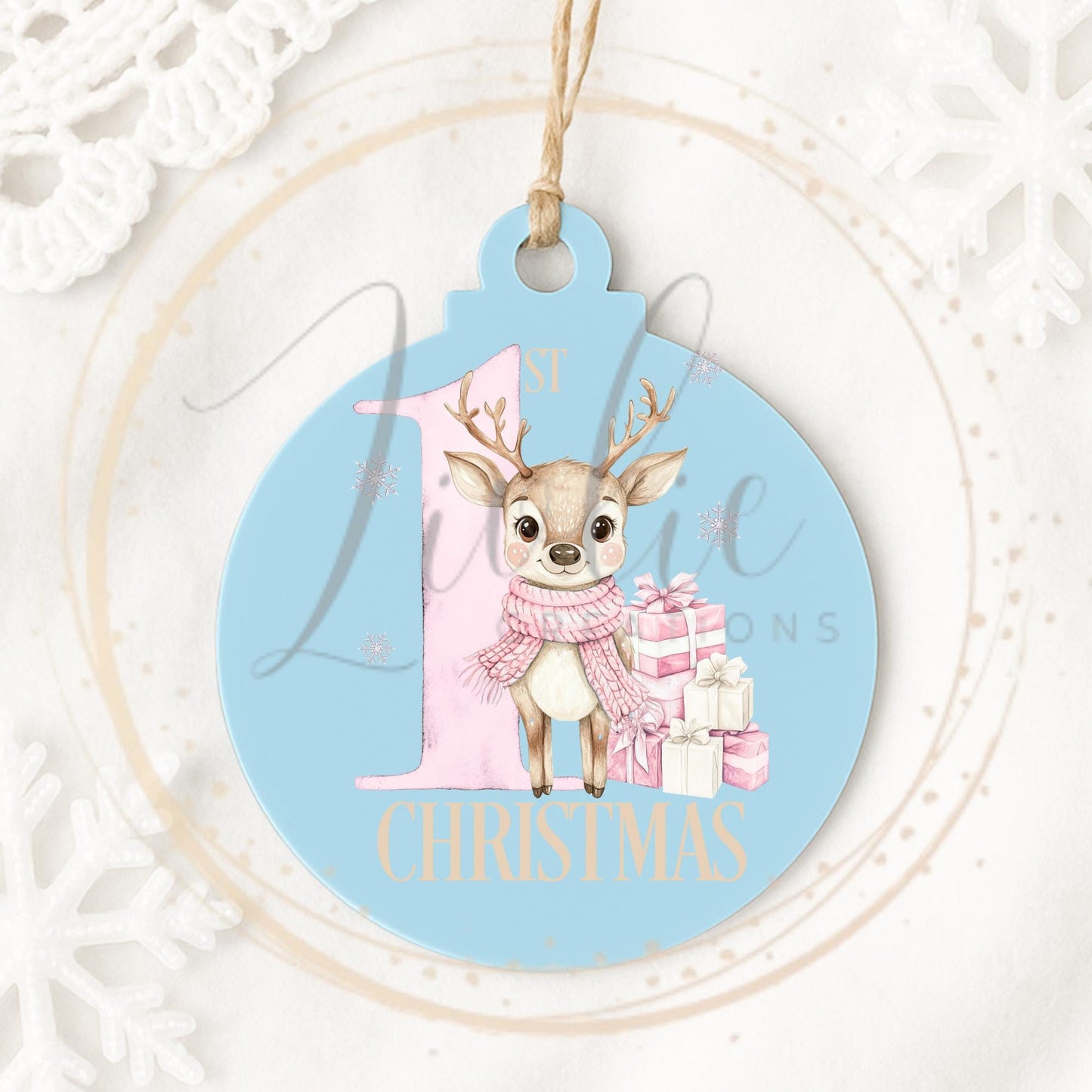 Baby's First Christmas Pink Reindeer Bauble