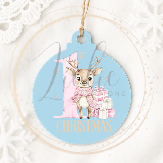 Baby's First Christmas Pink Reindeer Bauble
