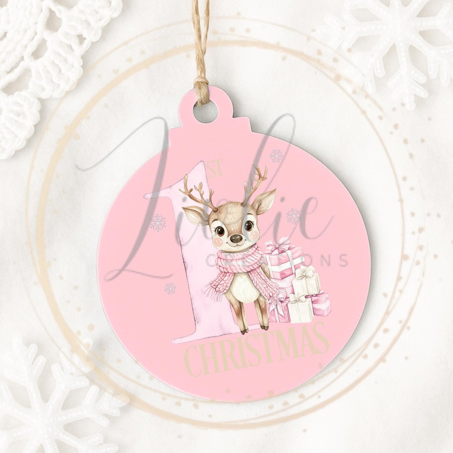 Baby's First Christmas Pink Reindeer Bauble
