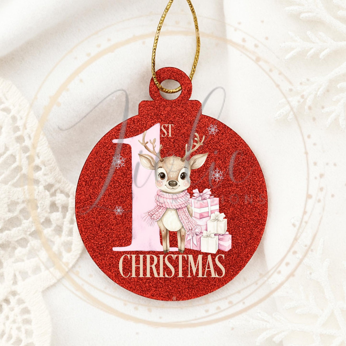 Baby's First Christmas Pink Reindeer Bauble